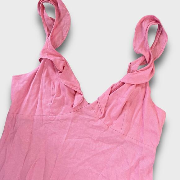 ELODIE NWOT LINEN RUFFLE EMPIRE WAIST SMOCKED BACK MINI SUNDRESS DRESS PINK L - Picture 4 of 13